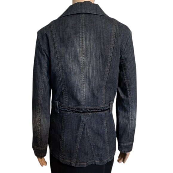 2/$35+$9.99ShipPanitti Fitted Stretch Sequin Deep Denim Blue Embroidered Jacket - Picture 4 of 12